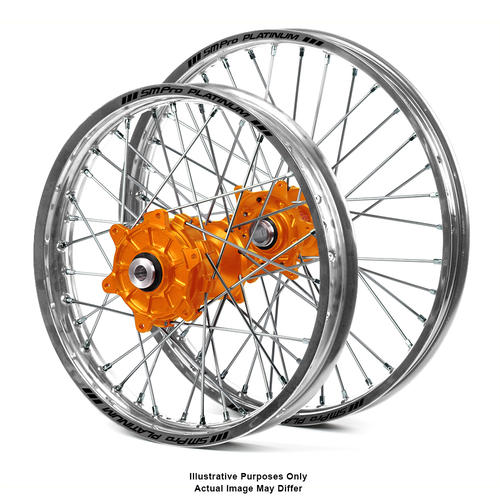 KTM 950 ADVENTURE 2003-2014 Wheel Set Silver Platinum Rims / Orange SM Pro Hubs 17x3.5 / 17x4.25 