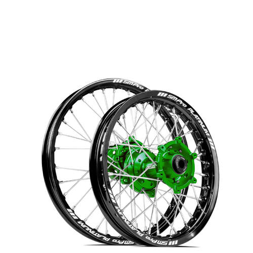 Kawasaki KX100 1997 - 2019 SM Pro MX JNR Wheel Set 17/14 Black Rims Green Hubs SS Silver Spokes