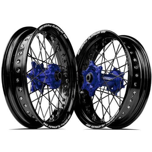 Honda CRF250R 2014 - 2023 SM Pro Supermotard Wheel Set 17x3.50 17x4.25 Black Rims Blue Hubs SS Black Spokes