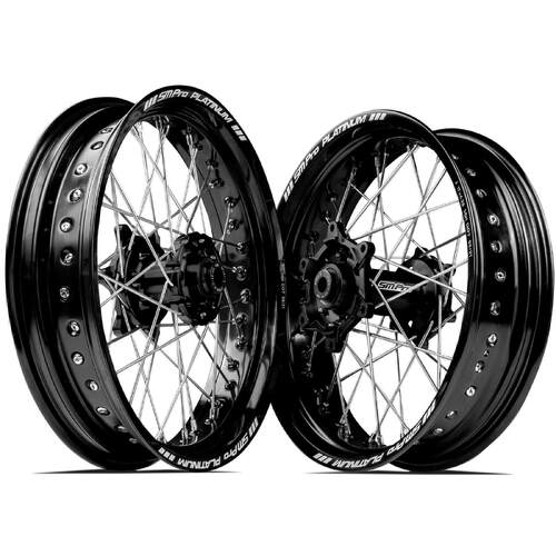 Honda CRF250R 2014 - 2023 SM Pro Supermotard Wheel Set 17x3.50 17x4.25 Black Rims Black Hubs SS Silver Spokes