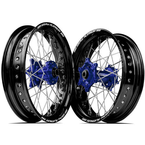 Husqvarna FE501 2014 - 2023 SM Pro Supermotard Wheel Set 17x3.50 17x4.25 Black Rims Blue Hubs SS Silver Spokes