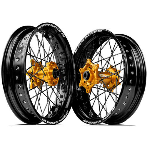Husqvarna FE501 2014 - 2023 SM Pro Supermotard Wheel Set 17x3.50 17x4.25 Black Rims Gold Hubs SS Black Spokes