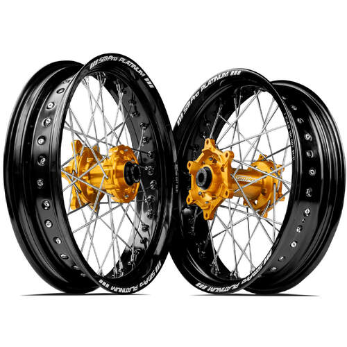 Husqvarna FE501 2014 - 2023 SM Pro Supermotard Wheel Set 17x3.50 17x4.25 Black Rims Gold Hubs SS Silver Spokes