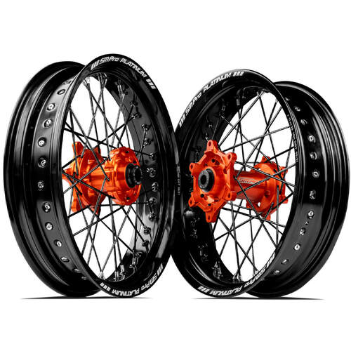 KTM 500 EXC-F 2012-2023 SM Pro Supermotard Wheel Set 17x3.50 17x4.25 Black Rims Orange Hubs SS Black Spokes