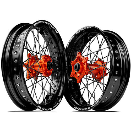 KTM 125 SX 2003-2023 SM Pro Supermotard Wheel Set 17x3.50 17x4.25 Black Rims Orange Hubs SS Black Spokes