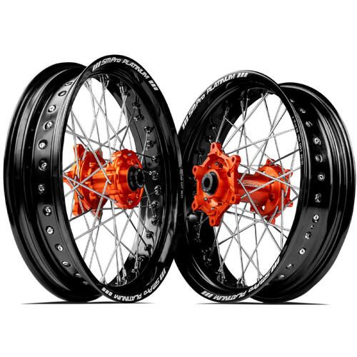 KTM 500 EXC-F 2012-2023 SM Pro Supermotard Wheel Set 17x3.50 17x4.25 Black Rims Orange Hubs SS Silver Spokes