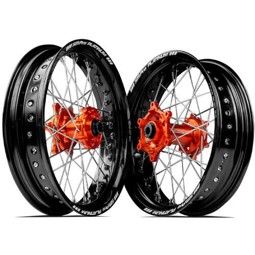 KTM 250 EXC-F 2003-2023 SM Pro Supermotard Wheel Set 17x3.50 17x4.25 Black Rims Orange Hubs SS Silver Spokes