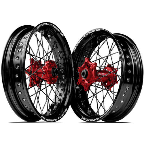 Husqvarna FE501 2014 - 2023 SM Pro Supermotard Wheel Set 17x3.50 17x4.25 Black Rims Red Hubs SS Black Spokes