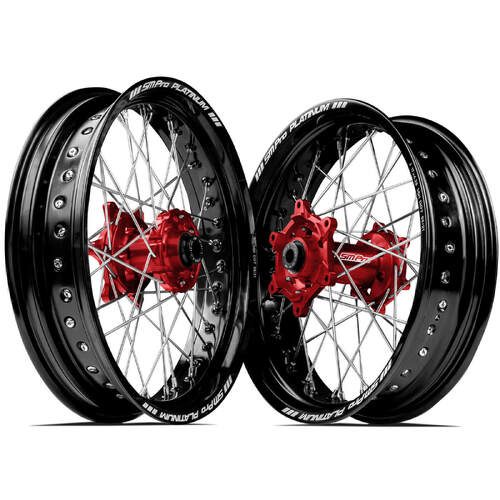 Husqvarna FE501 2014 - 2023 SM Pro Supermotard Wheel Set 17x3.50 17x4.25 Black Rims Red Hubs SS Silver Spokes