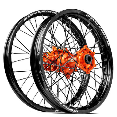 KTM 150 SX 2007-2023 SM Pro MX SNR Wheel Set 21/18 Black Rims Orange Hubs SS Black Spokes