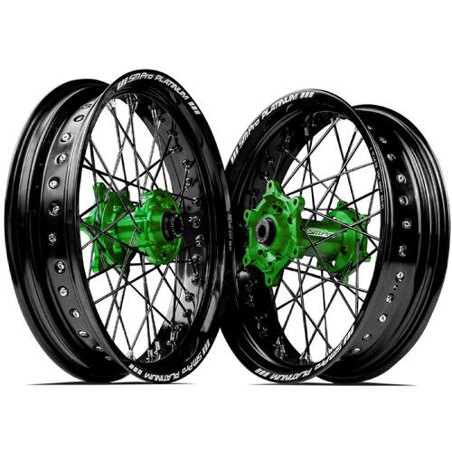 Kawasaki KX250F 2004-2023 SM Pro Supermotard Wheel Set 17x3.50 17x4.25 Black Rims Green Hubs SS Black Spokes