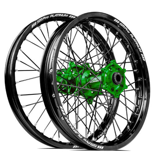 Kawasaki KX250F 2004 - 2023 SM Pro MX SNR Wheel Set 21/18 Black Rims Green Hubs SS Black Spokes
