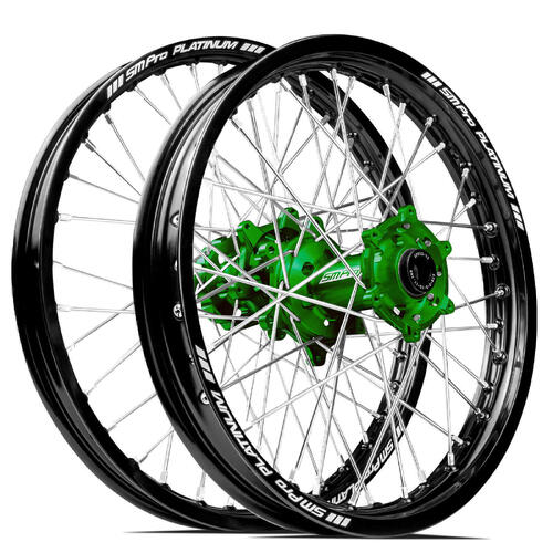 Kawasaki KX250F 2004-2023 SM Pro MX SNR Wheel Set 21/19 Black Rims Green Hubs SS Silver Spokes
