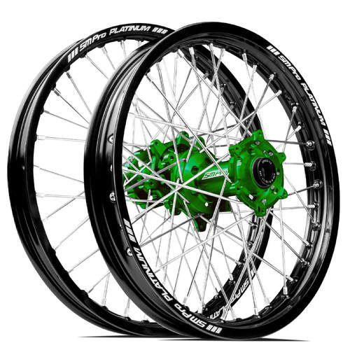 Kawasaki KX450F 2006-2023 SM Pro MX SNR Wheel Set 21/19 Black Rims Green Hubs SS Silver Spokes