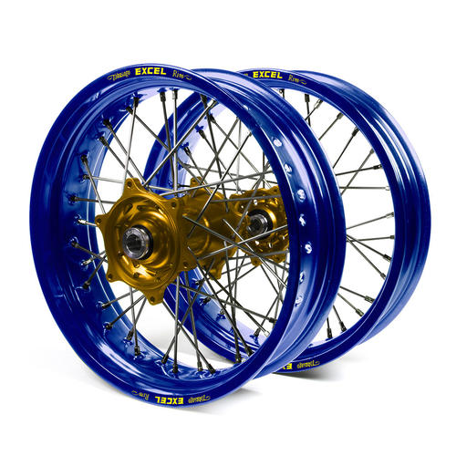 Suzuki DRZ400E 2000 - 2019 Supermotard Wheel Set Blue Excel Rims Gold Talon Hubs 17x3.50/17x4.25