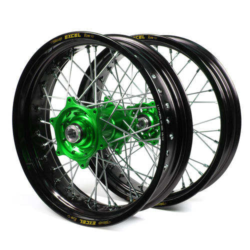 Kawasaki KX250F 2006-2017 Supermotard Wheel Set Black Excel Rims Green Talon Hubs 17x3.50/17x4.25